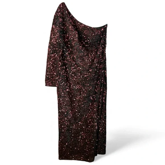 Elegant Black Red Sequin One-Shoulder Split Thigh Belted Dress Plus Size 2X - Picture 2 of 8